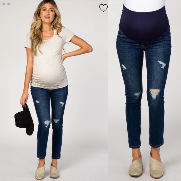 PinkBlush Dark Wash Distressed Maternity Full Panel Skinny Jeans - Picture 10 of 10